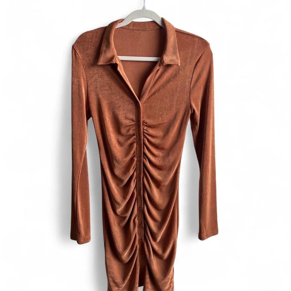 Brown Ruched Button Front Long Sleeve Dress Women's Size Medium